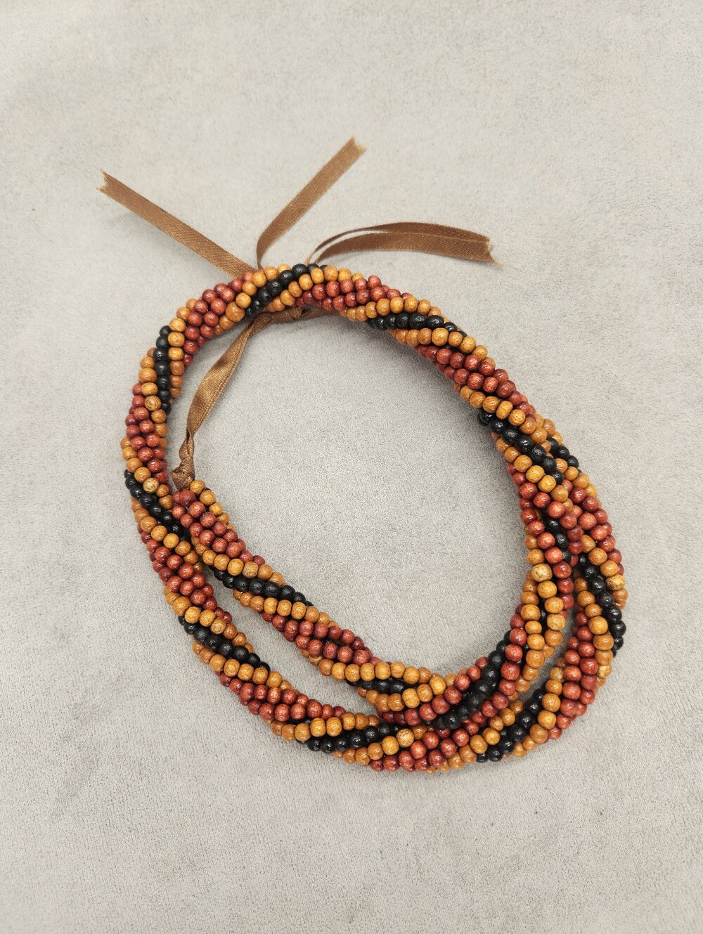 Twisted Necklace Brown Red Black Beaded Wood Striped Long Handmade Boho Cottage